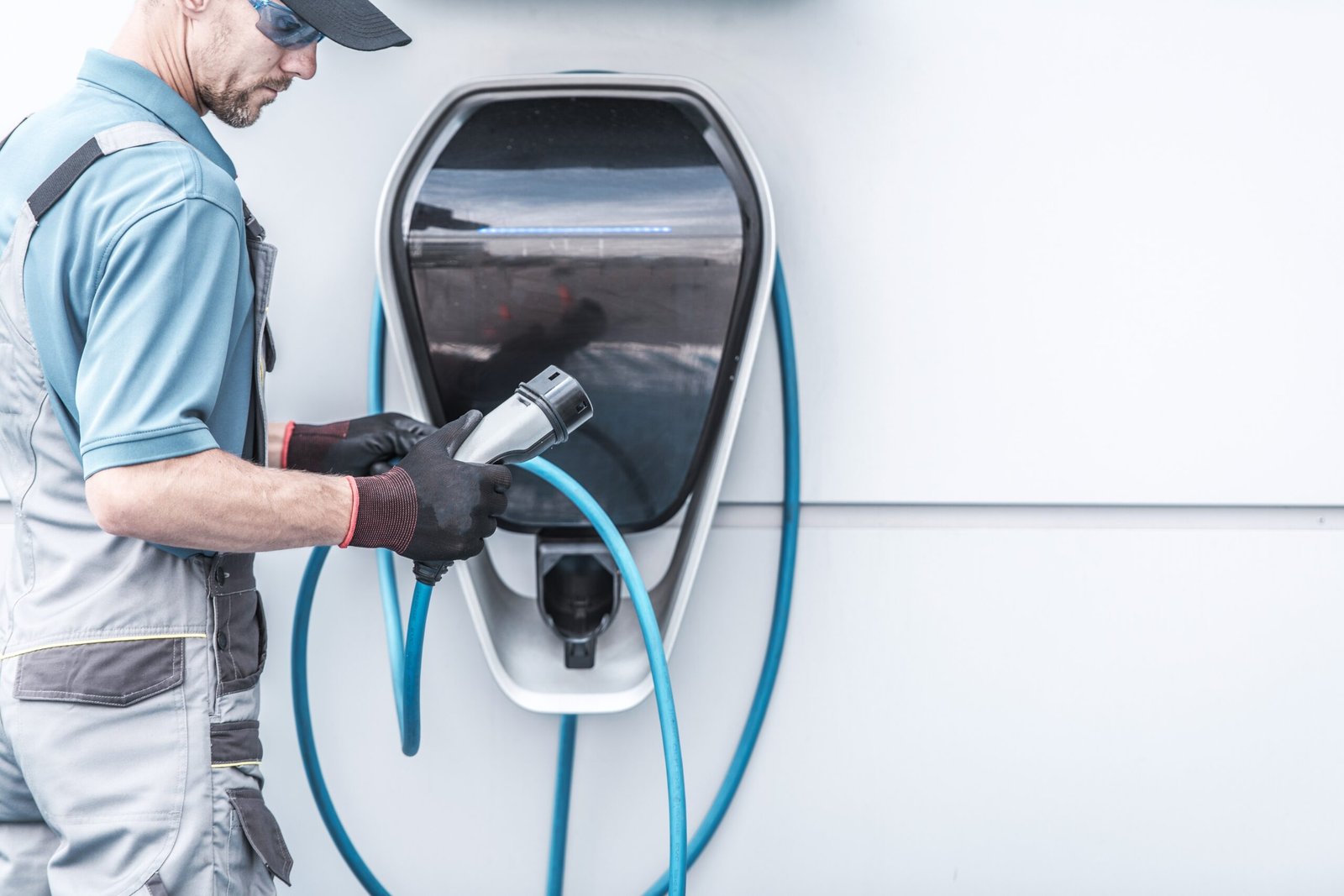 Worker in blue overalls plugs an electric vehicle charger into a port of a car charger station?